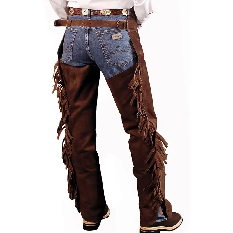 Economico Chaps western in pelle scamosciata unisex con frange