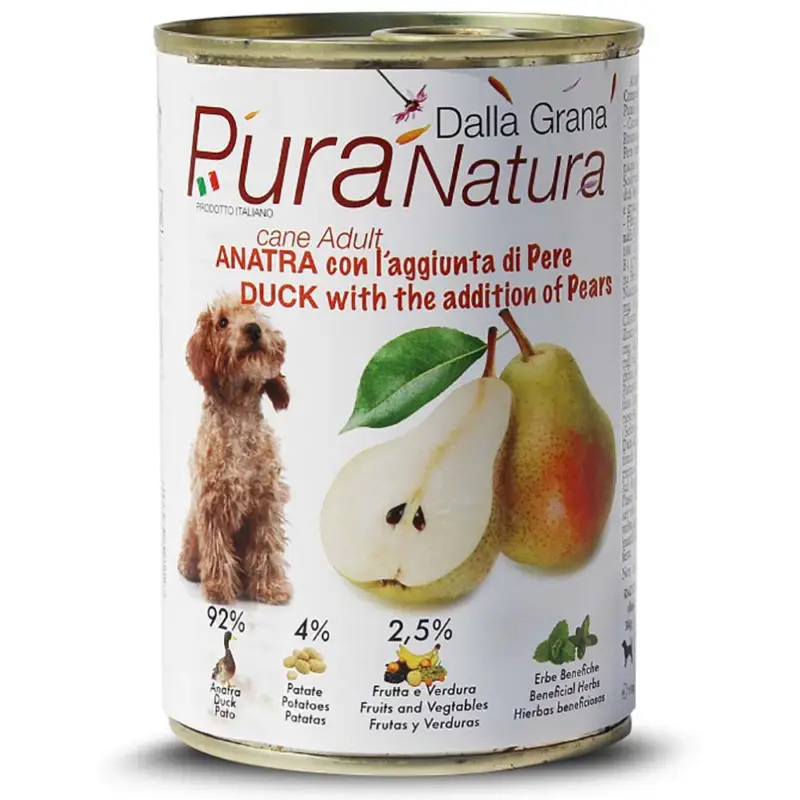 Direttamente Dal Produttore Cibo umido in scatola 400 gr Pura Natura Dalla Grana monoproteico per Cani al gusto Anatra e Pere