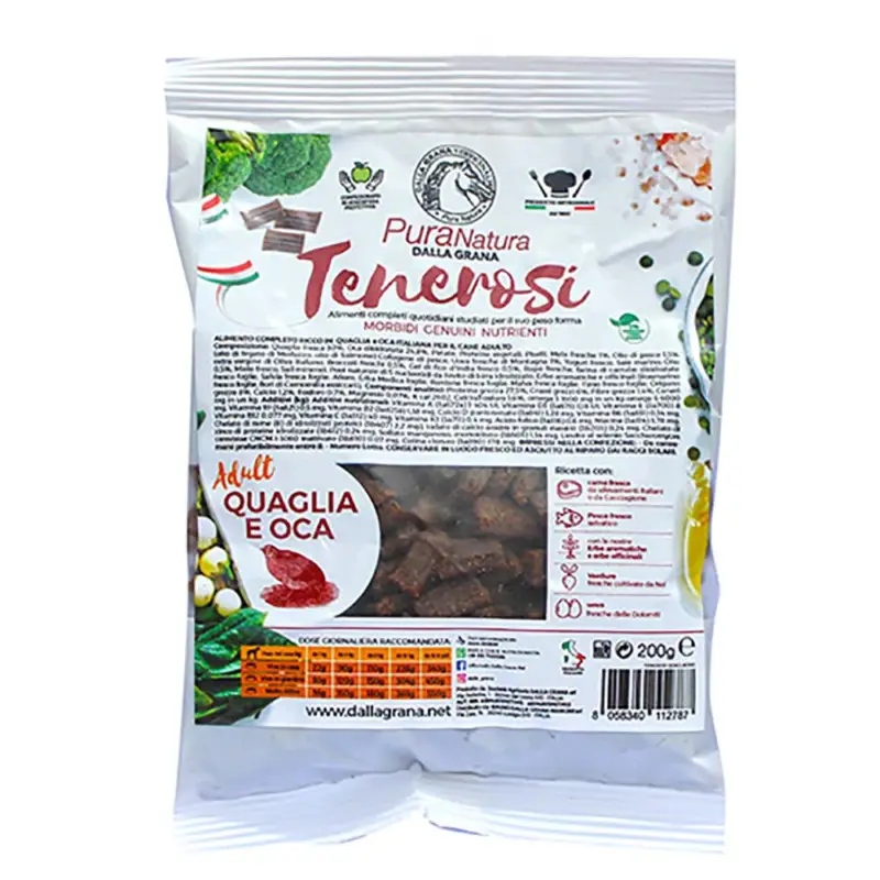 Acquista Ora Crocchette morbide 200 gr Pura Natura Dalla Grana grain free per Cani al gusto Quaglia e Oca I Tenerosi
