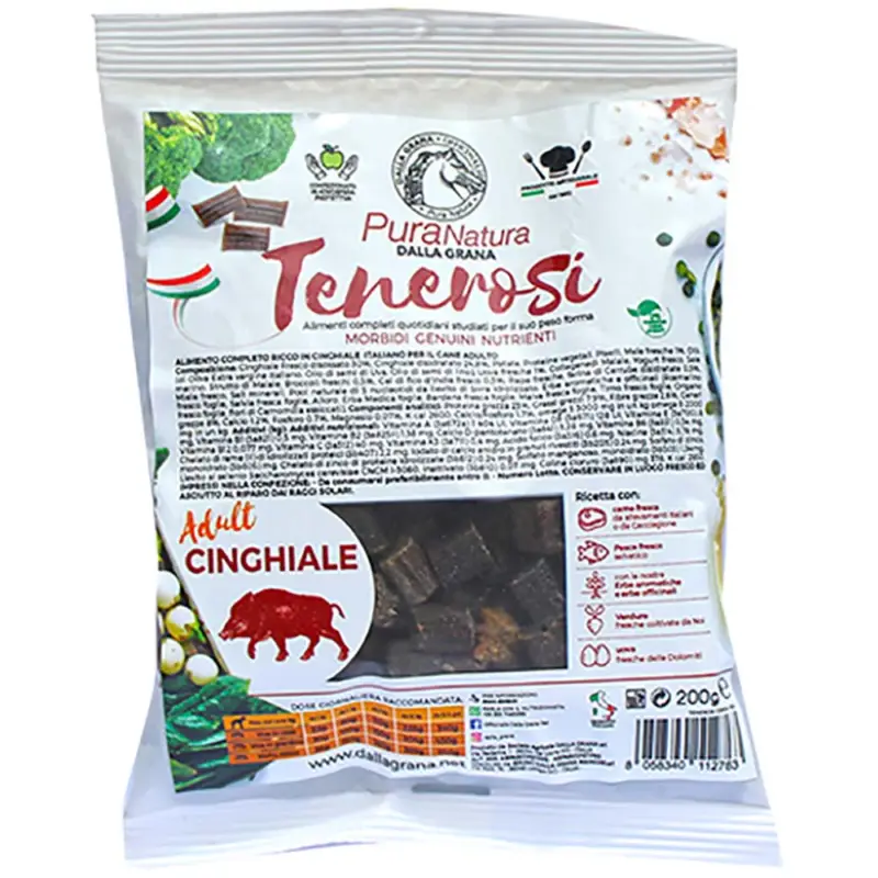 Crocchette morbide 200 gr Pura Natura Dalla Grana grain free per Cani al gusto Cinghiale I Tenerosi Offerta Limitata