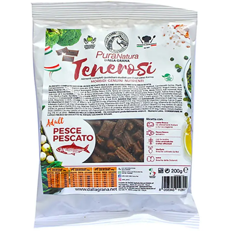 Crocchette morbide 200 gr Pura Natura Dalla Grana grain free per Cani al gusto Pesce pescato I Tenerosi Direttamente Dal Produttore