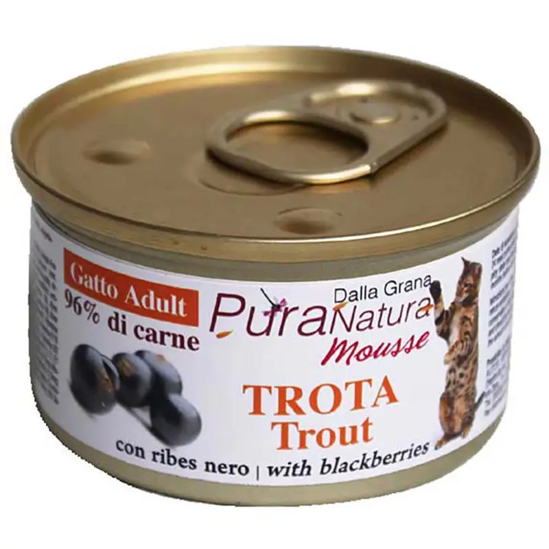 Cibo Umido 85 gr Pura Natura Dalla Grana Monoproteico per Gatti al gusto Trota e Ribes Prezzo Scontato