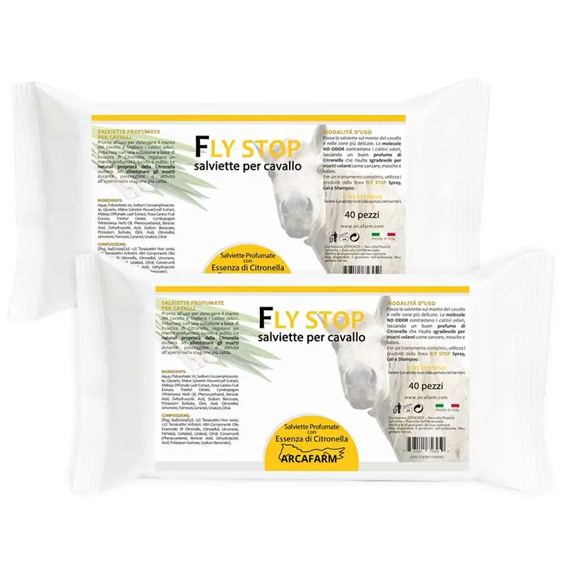 Set 2 pezzi art. 1121 Salviette alla Citronella FLY STOP per cavalli Senza Acqua 80 pezzi Arcafarm Consegna Rapida