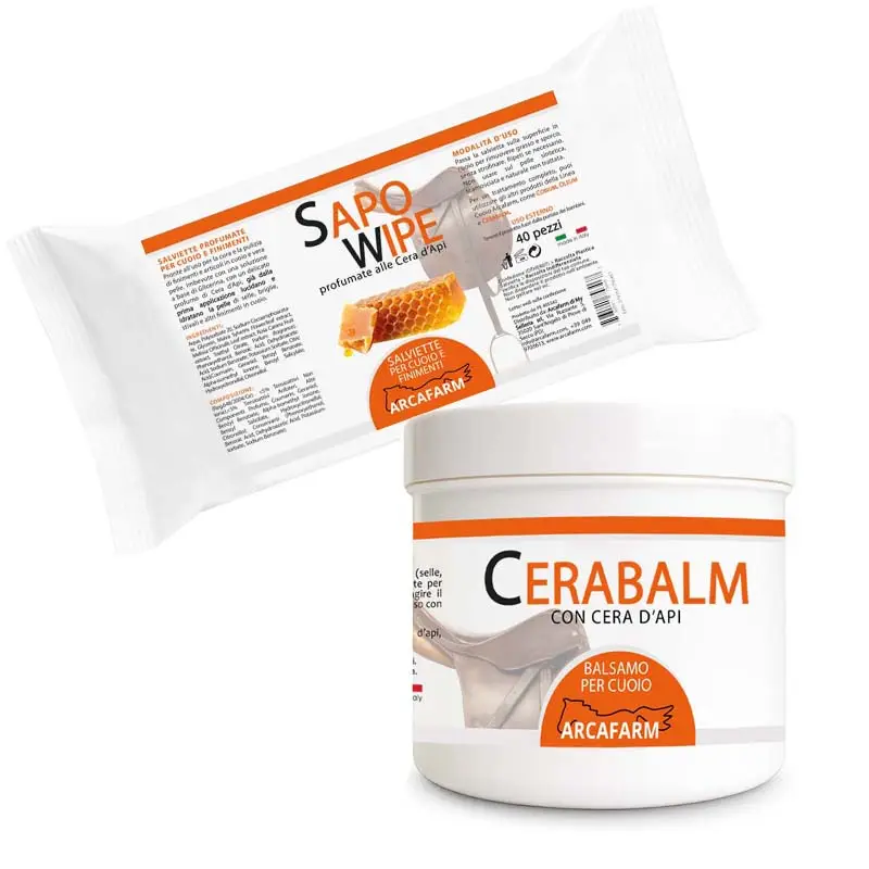 Spedito Oggi Kit professionale Cura Cuoio alla Cera d'Api Arcafarm (salviette SAPOWIPE+balsamo CERABALM)