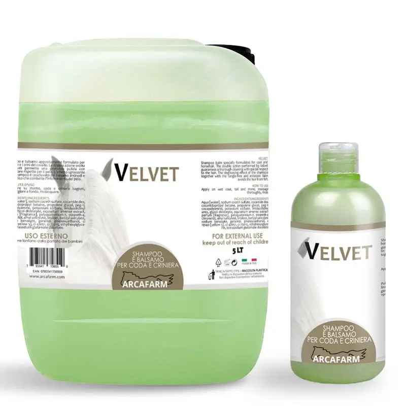 Set 5.5 lt Shampoo Balsamo per coda e criniera Arcafarm VELVET - bottiglia e tanica Più Venduto