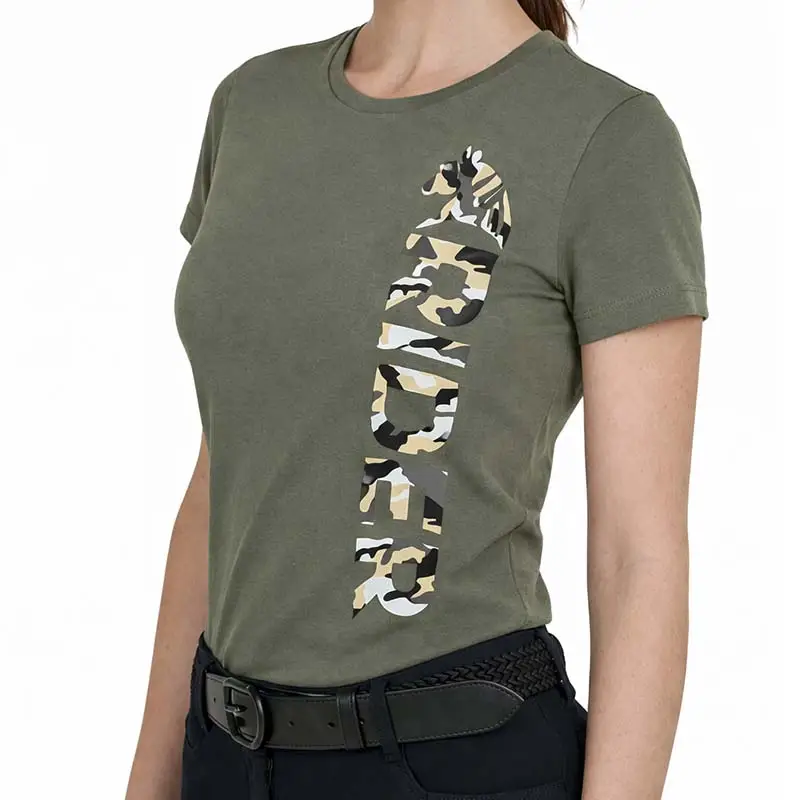 Promozione Esclusiva T-Shirt Equitazione Donna WILD RIDER - verde con stampa camouflage