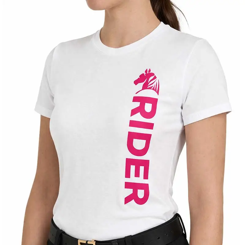 T-Shirt Equitazione Donna PINK RIDER - bianca con stampa fuxia Miglior Prezzo