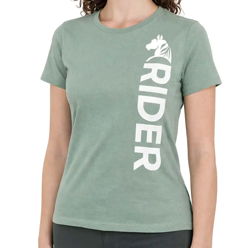 Promozione T-Shirt Equitazione Donna SAGE RIDER - verde salvia con stampa bianca
