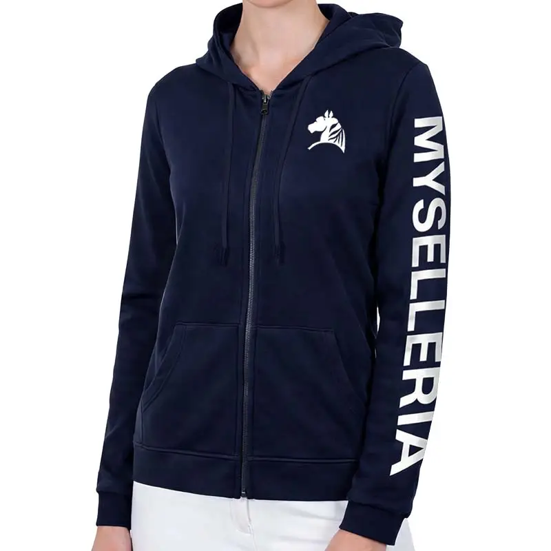 Economico Felpa Donna My Selleria con Zip e Cappuccio NAVY RIDER blu navy/bianco per equitazione/tempo libero