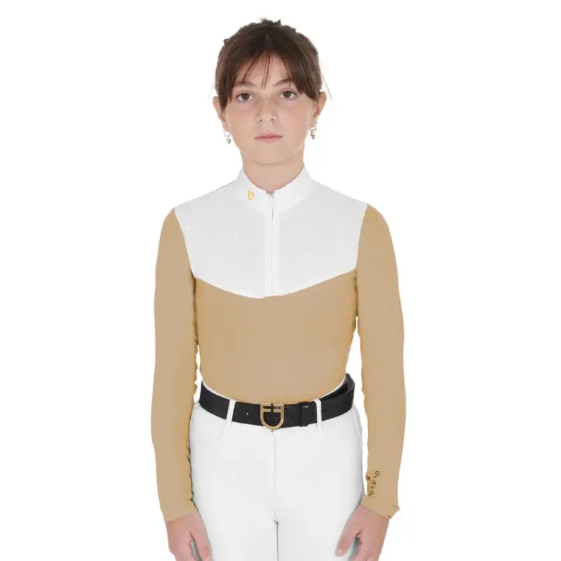 Camisa de concurso para niña de manga larga con cremallera y malla Equestro Popolare