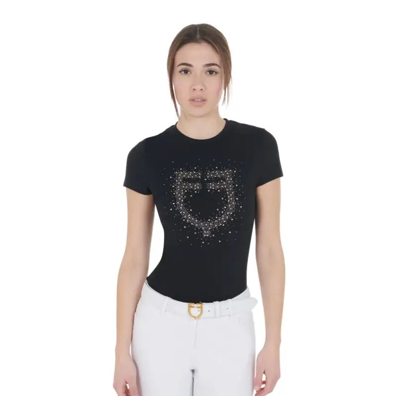 T-shirt donna slim fit rosa con strass Equestro Nuova Collezione