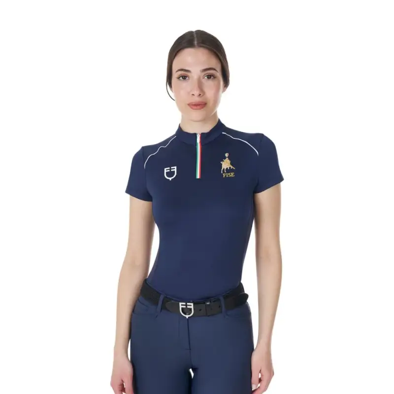 Affare Polo da allenamento donna Equestro x FISE con zip bandiera italiana maniche corte