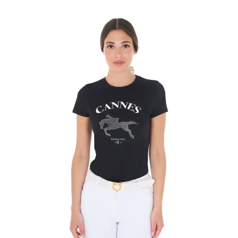 Subito Disponibile T-shirt donna Equestro Cannes in cotone con strass a maniche corte
