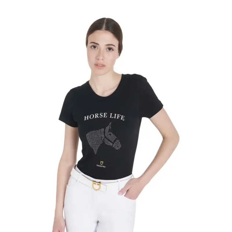 T-shirt donna Equestro slim fit Horse Life con strass maniche corte Direttamente Dal Produttore