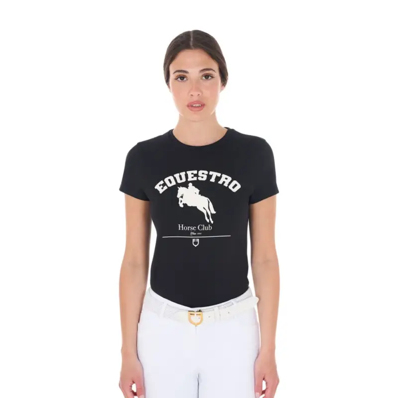 Affare T-shirt donna Equestro Jumping Horse Club in cotone a maniche corte